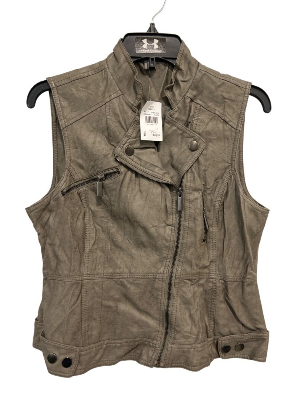 Vanity Moto Vest Large Faux Leather Zip Front Lined Outdoorsy Biker Grunge NEW